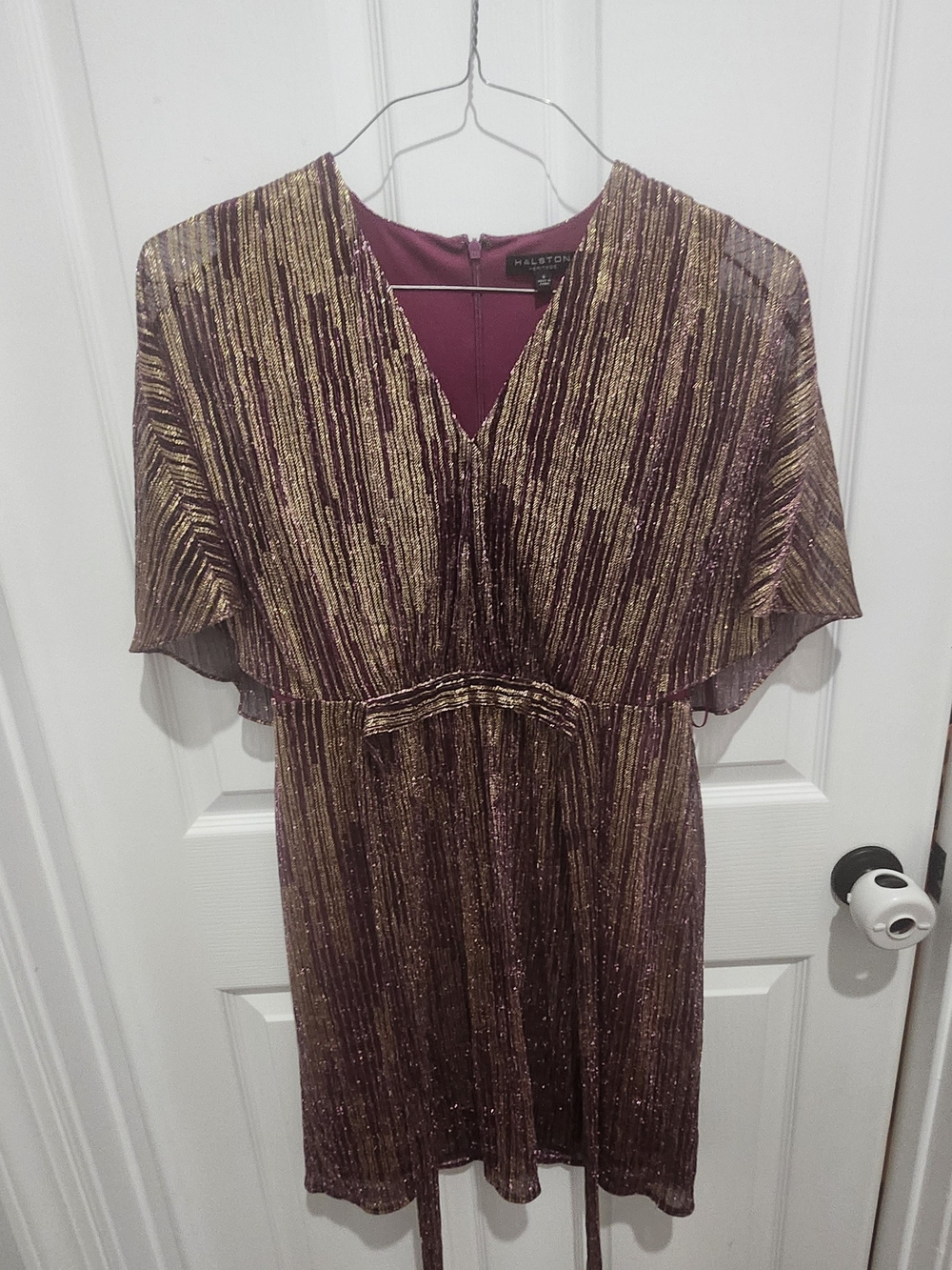 Halston Heritage Metallic Plum Gold V-Neck Party Dress